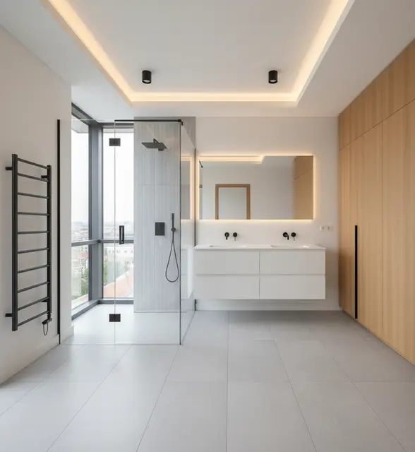 Casa de banho com móvel suspenso e toalheiro