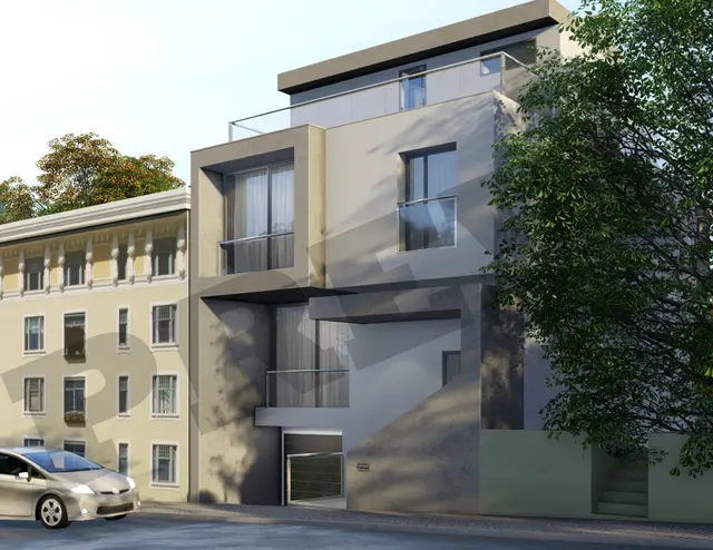 Visualização 3D da fachada de uma moradia T4 contemporânea