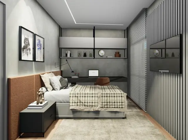 Quarto com cabeceira em madeira